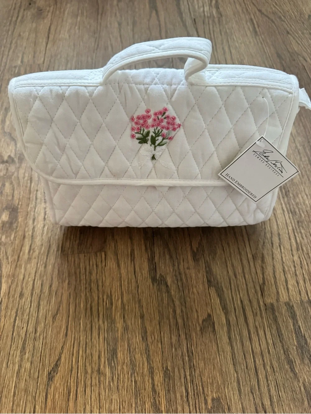 Edward Boutross Quilted White Floral Embroidered Cosmetic Bag
